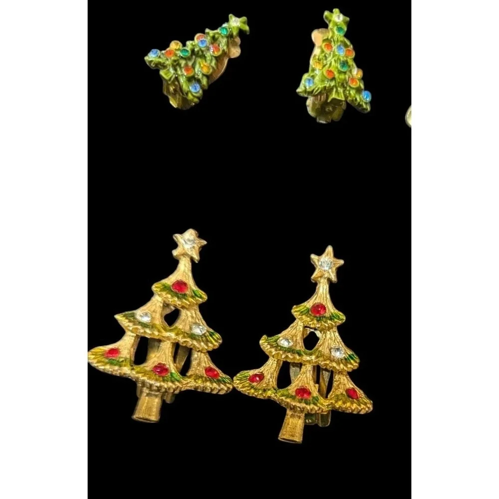 Vtg Christmas Clip On‎ Earrings Set 4 Pairs Trees Snowmen Bells Holiday Jewelry
